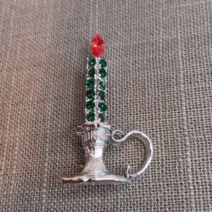 Dodd Green Rhinestone Silver Tone Christmas Candle Brooch Vintage